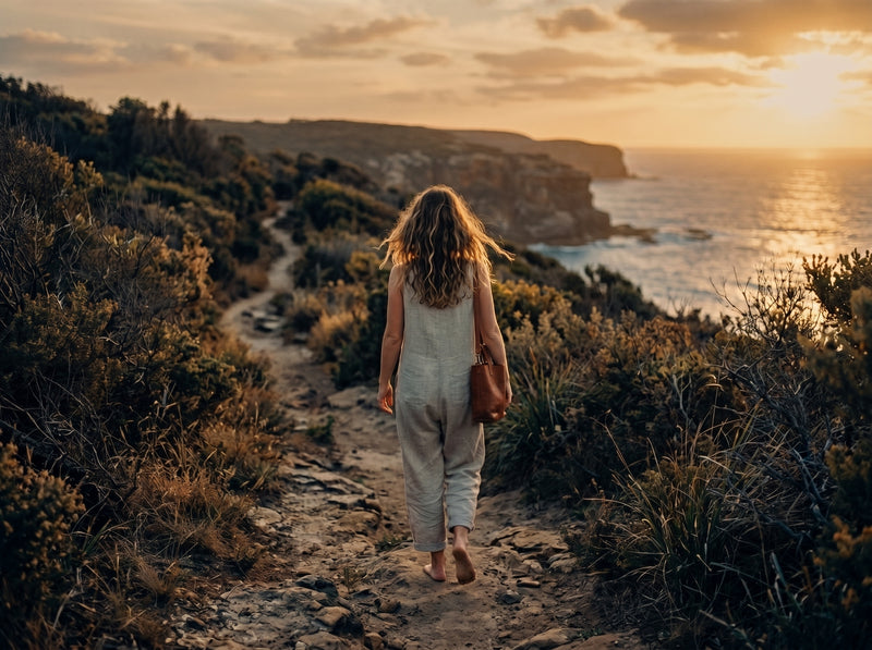 Dominique walking barefoot on a coastal track