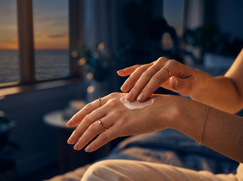 Hands applying product in sunlight